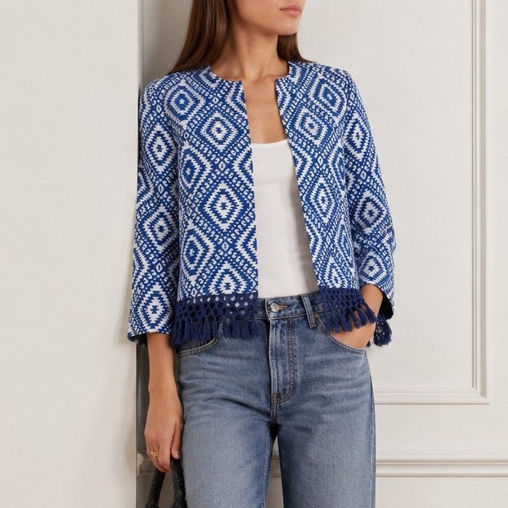 J.McLaughlin Rialto Diamond Jacquard Jacket Womens XS Crochet Fringe NWT